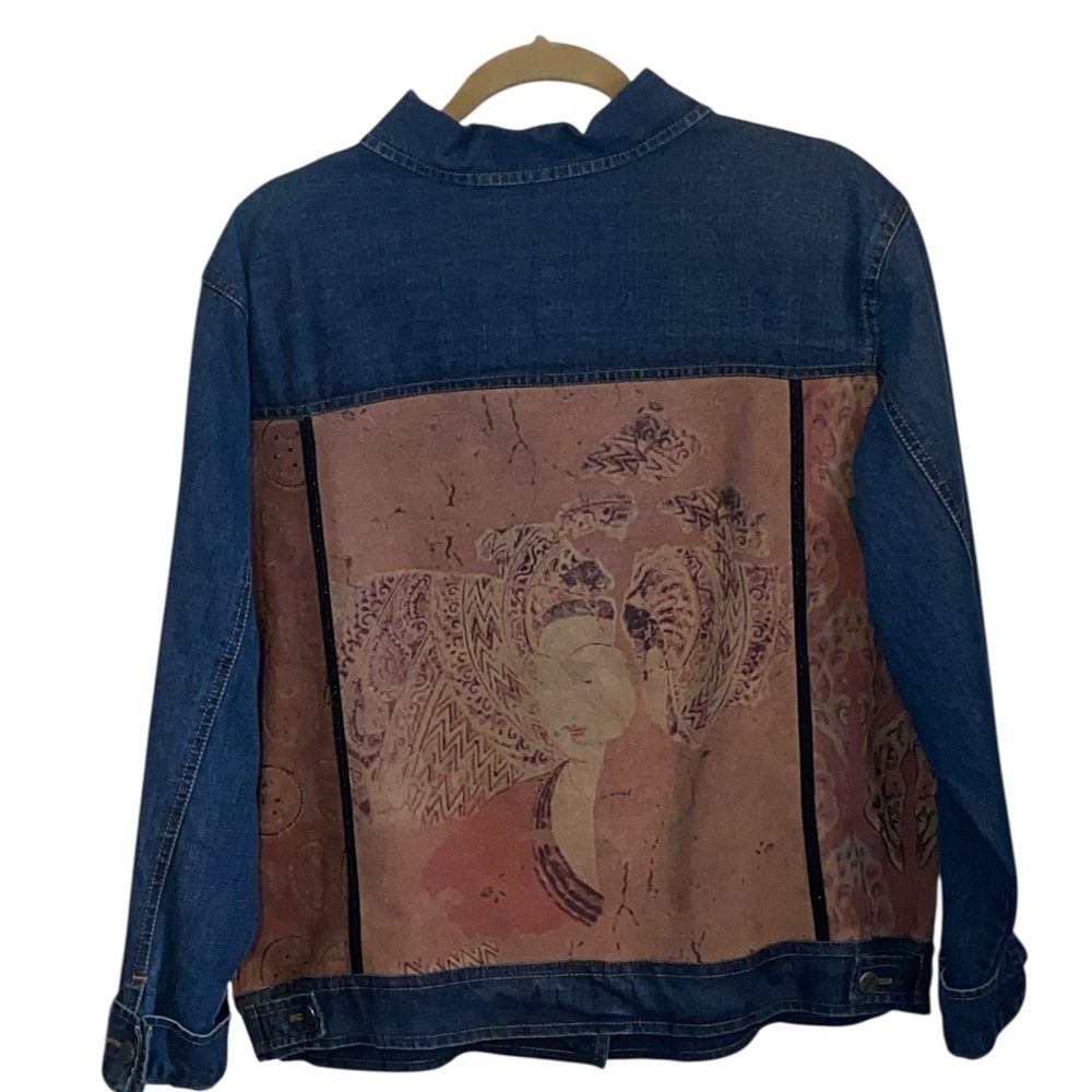 Vintage 90s Chico's Jean jacket suede panels Embroidery Beaded Asian Geisha - Picture 14 of 16